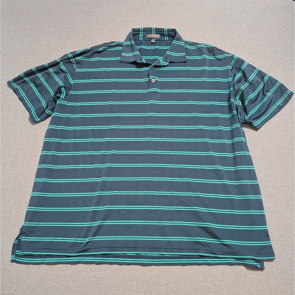 Peter Millar Polo Shirt Men's XXL Navy Green Stripe Summer Comfort Crown Logo